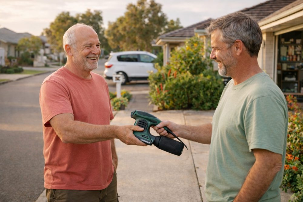 Two friendly neighbours chatting while handing over a tool,