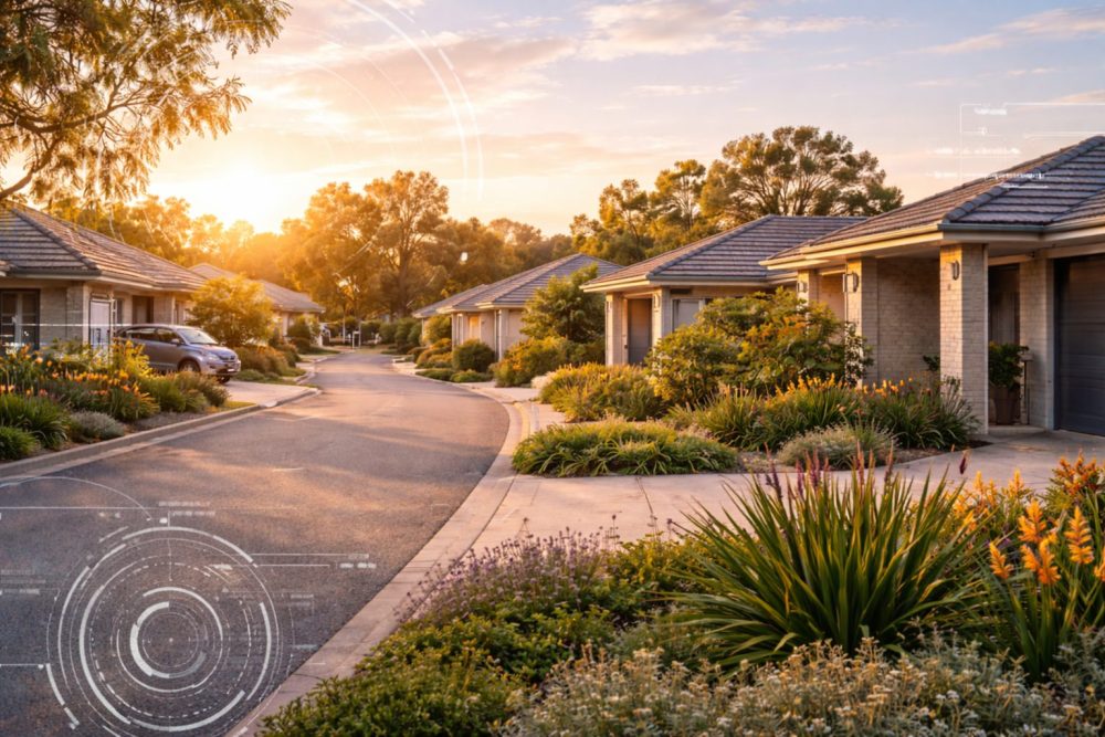 Modern Australian suburb at sunrise