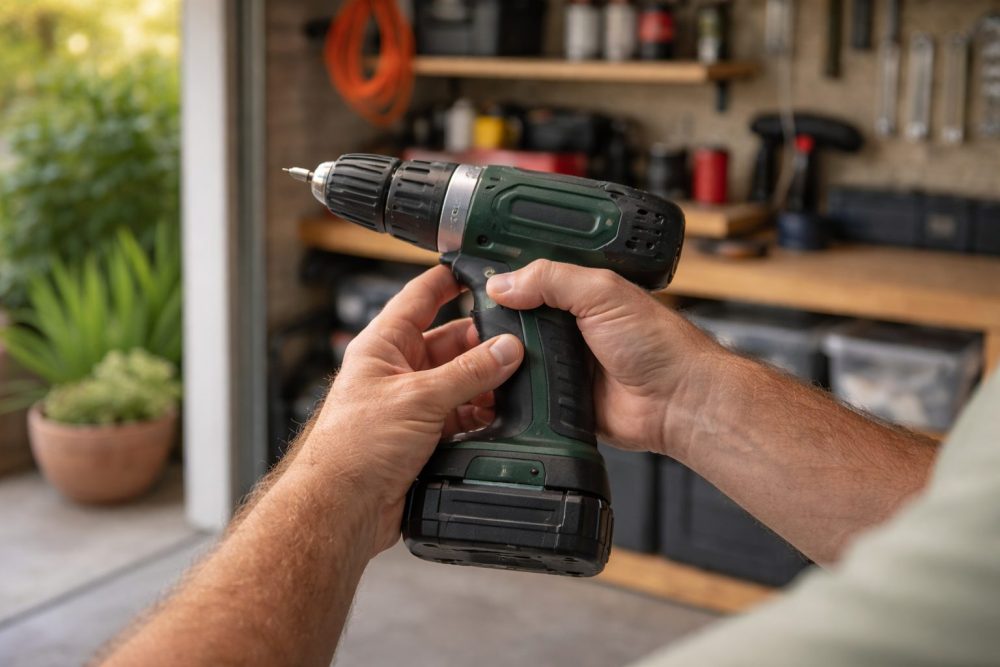Close-up of hands inspecting a power tool in a clean garage, soft daylight, modern realistic photography, calm and professional mood