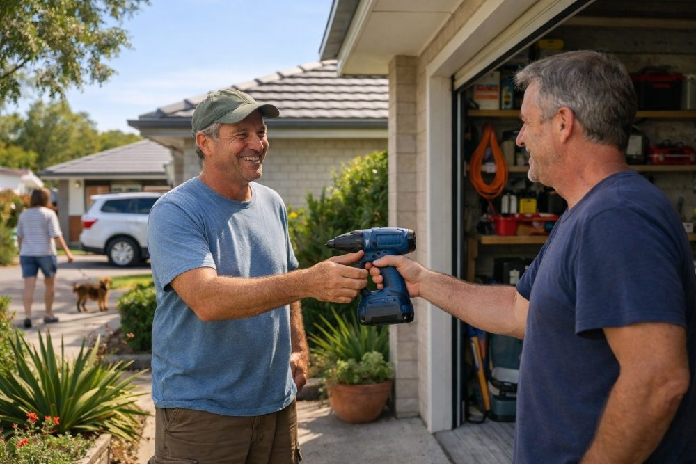 Modern Australian suburban home, bright natural daylight, friendly neighbour borrowing a power tool from another person’s garage